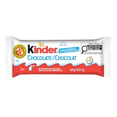 Kinder CHOCOLATE/CHOCOLAT, barre de chocolat au lait avec une garniture au lait, 2 barres emballées individuellement par paquet 42 g, 5,21 $/100g