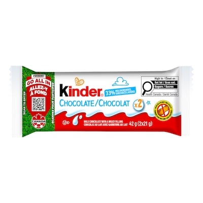 Kinder CHOCOLATE/CHOCOLAT, barre de chocolat au lait avec une garniture au lait, 2 barres emballées individuellement par paquet 42 g, 4,74 $/100g