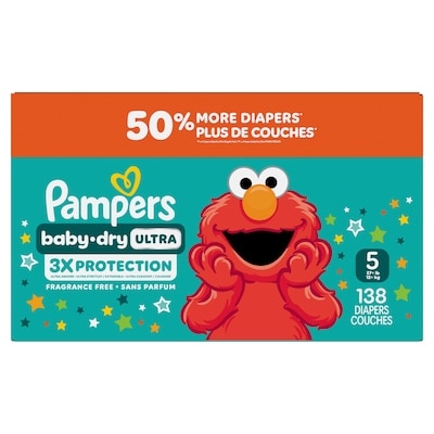 Pampers Couches Baby-Dry Ultra, couches jetables absorbantes, taille 5 (9 kg à 16,8 kg [20 lb à 37 lb]), 138 couches 138 ea, 0,29 $/1ch