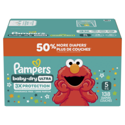 Pampers Couches Baby-Dry Ultra, couches jetables absorbantes, taille 5 (9 kg à 16,8 kg [20 lb à 37 lb]), 138 couches 138 ea, 0,24 $/1ch