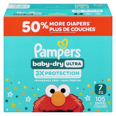 Pampers Baby Dry Ultra Diapers, Size 7 (41+ lbs), 105 Count, Absorbent Disposable Diapers 105 ea, $0.38/1ea