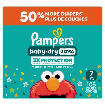 Pampers Couches Baby-Dry Ultra, couches jetables absorbantes, taille 7 (19 kg et plus [41 lb et plus]), 105 couches 105 ea, 0,38 $/1ch