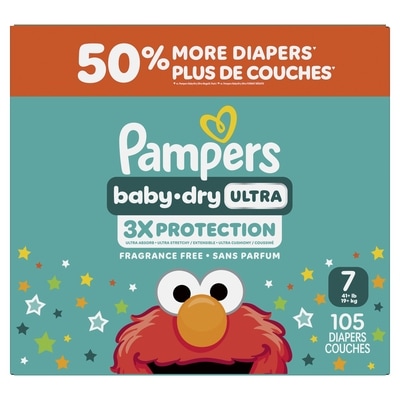 Pampers Couches Baby-Dry Ultra, couches jetables absorbantes, taille 7 (19 kg et plus [41 lb et plus]), 105 couches 105 ea, 0,38 $/1ch
