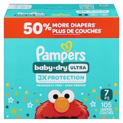Pampers Couches Baby-Dry Ultra, couches jetables absorbantes, taille 7 (19 kg et plus [41 lb et plus]), 105 couches 105 ea, 0,31 $/1ch