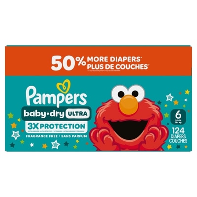 Pampers Couches Baby-Dry Ultra, couches jetables absorbantes, taille 6 (10,4 kg à 20 kg [23 lb à 44 lb]), 124 couches 124 ea, 0,32 $/1ch
