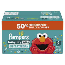 Pampers Couches Baby-Dry Ultra, couches jetables absorbantes, taille 6 (10,4 kg à 20 kg [23 lb à 44 lb]), 124 couches 124 ea, 0,27 $/1ch