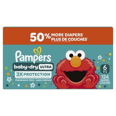 Pampers Couches Baby-Dry Ultra, couches jetables absorbantes, taille 6 (10,4 kg à 20 kg [23 lb à 44 lb]), 124 couches 124 ea, 0,32 $/1ch