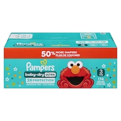 Pampers Couches Baby-Dry Ultra, couches jetables absorbantes, taille 3 (7,3 kg à 12,7 kg [16 lb à 28 lb]), 174 couches 174 ea, 0,19 $/1ch