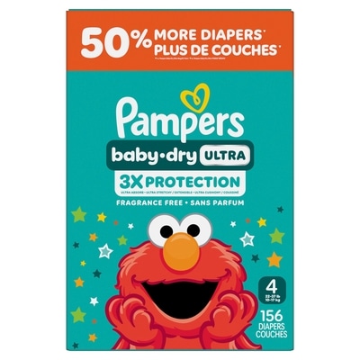 Pampers Couches Baby-Dry Ultra, couches jetables absorbantes, taille 4 (10 kg à 16,8 kg [22 lb à 37 lb]), 156 couches 156 ea, 0,26 $/1ch