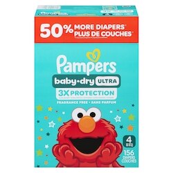 Pampers Couches Baby-Dry Ultra, couches jetables absorbantes, taille 4 (10 kg à 16,8 kg [22 lb à 37 lb]), 156 couches 156 ea, 0,21 $/1ch