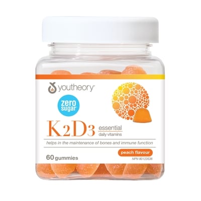 Youtheory K2d3 Essential Daily Vitamins Peach Flavour 60 ea, $0.47/1ea