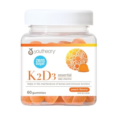 Youtheory K2d3 Essential Daily Vitamins Peach Flavour 60 ea, $0.46/1ea