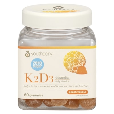 Youtheory K2d3 Essential Daily Vitamins Peach Flavour 60 ea, $0.60/1ea