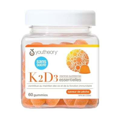 Youtheory Gummies vitamine K2D3 sans sucre, Pêche 60 ea, 0,46 $/1ch