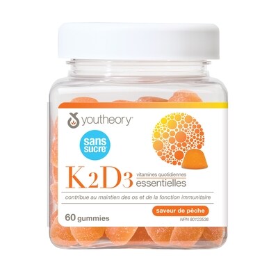 Youtheory K2d3 vitamines quotidiennes essentielles saveur de pêche 60 ea, 0,46 $/1ch