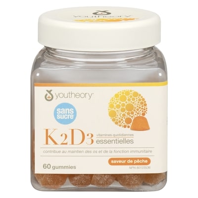 Youtheory K2d3 vitamines quotidiennes essentielles saveur de pêche 60 ea, 0,60 $/1ch