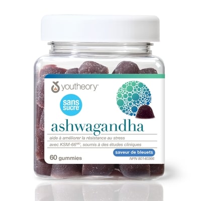 Youtheory Gummies d'ashwagandha sans sucre, Myrtille 60 ea, 0,44 $/1ch