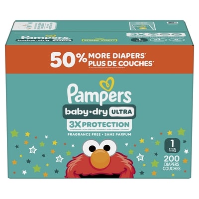 Pampers Baby Dry Ultra Diapers, Size 1 (8-14 lbs), 200 Count, Absorbent Disposable Diapers 200 ea, $0.20/1ea