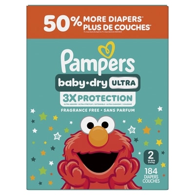 Pampers Couches Baby-Dry Ultra, couches jetables absorbantes, taille 2 (5,4 kg à 8,2 kg [12 lb à 18 lb]), 184 couches 184 ea, 0,22 $/1ch
