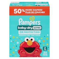Pampers Couches Baby-Dry Ultra, couches jetables absorbantes, taille 2 (5,4 kg à 8,2 kg [12 lb à 18 lb]), 184 couches 184 ea, 0,18 $/1ch