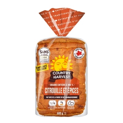 Country Harvest Pain tranché à la citrouille et aux épices, fait de véritables graines de citrouille 600 g, 0,75 $/100g