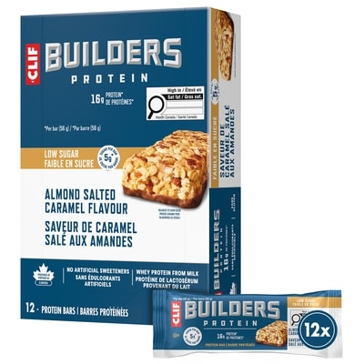 Clif BUILDERS Barres protéinées faibles en sucre, saveur de caramel salé aux amandes 12x56.0 g, 5,06 $/100g
