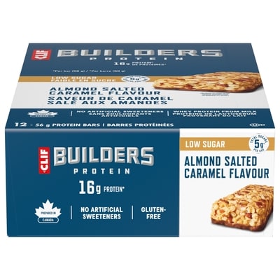 Clif BUILDERS Barres protéinées faibles en sucre, saveur de caramel salé aux amandes 12x56.0 g, 5,06 $/100g