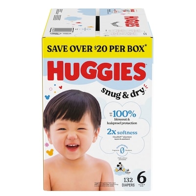 Huggies Couches pour bébés Snug & Dry, taille 6 (15 + kg [35 + livres]), 132 couches 132 ea, 0,38 $/1ch