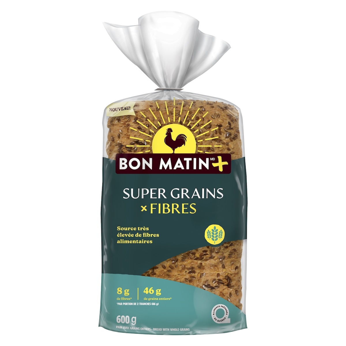 Bon Matin Pain avec grains entiers super grains + fibres 600 g, 0,80 $/100g