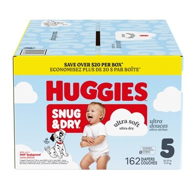Huggies Couches pour bébé Snug & Dry, taille 5 (25-37 lb), contenant de 162 unités 162 ea, 0,31 $/1ch
