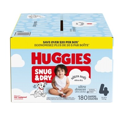 Huggies Couches pour bébé Snug & Dry, taille 4 (20-32 lb), contenant de 180 unités 180 ea, 0,28 $/1ch