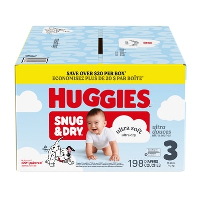Huggies Couches pour bébé Snug & Dry, taille 3 (16-26 lb), contenant de 198 unités 198 ea, 0,25 $/1ch