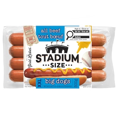 Gold Label Stadium Size All Beef Big Dogs Wieners 500 g, $1.70/100g