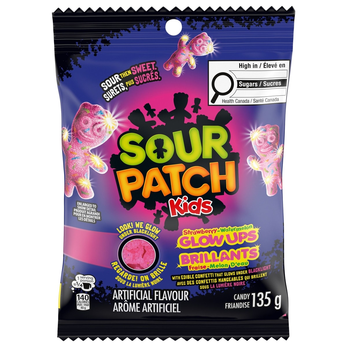  SOUR PATCH KIDS Brillants Fraise-melon d'eau friandises tendres et moelleuses, friandises gélifiées acidulées qui brillent sous la lumière noire 135 g, 2,44 $/100g