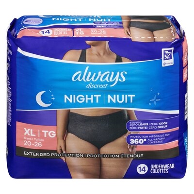Always Culottes d’incontinence nuit pour femmes adultes TG 14 ea, 2,07 $/1ch