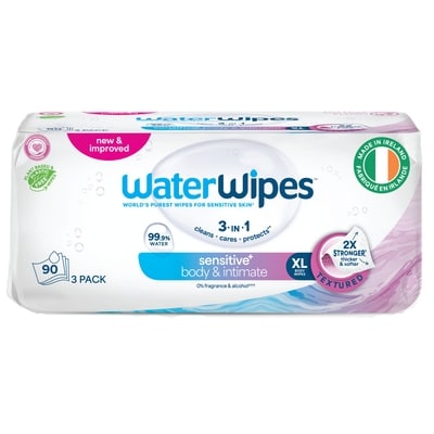 WaterWipes Sensitive+ Body & Intimate Wipes, 99,9 % d'eau, lingettes humides non parfumées, Adult Care, 90 lingettes 3x90.0 ea, 0,06 $/1ch