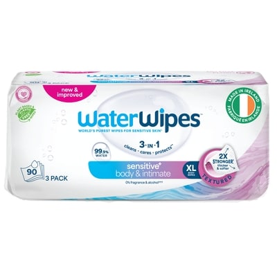 WaterWipes Sensitive+ Body & Intimate Wipes, 3-en-1 nettoie, soigne, protège, 99,9 % d'eau, lingettes humides non parfumées, Adult Care, 90 lingettes 3x90.0 ea, 0,05 $/1ch