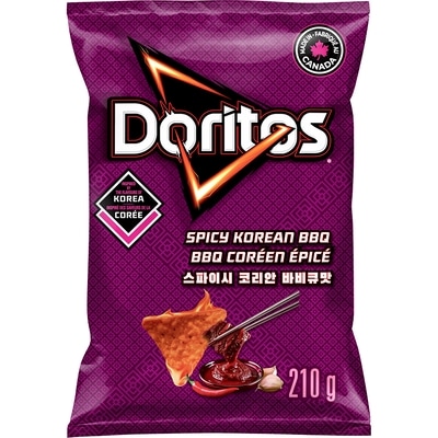Doritos Chips tortilla aromatisées BBQ coréen épicé 210 g, 2,14 $/100g