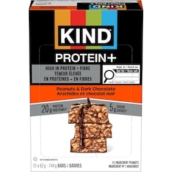 Kind Kind protein+ arachides et chocolat noir 12x62.0 g, 3,90 $/100g