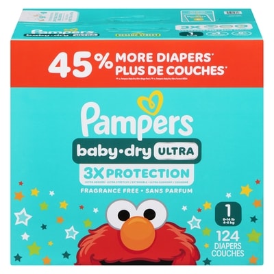 Pampers Baby Dry Ultra Diapers, Size 1 (8-14 lbs), 124 Count, Absorbent Disposable Diapers 124 ea, $0.27/1ea