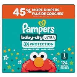 Pampers Couches Baby-Dry Ultra, couches jetables absorbantes, taille 1 (3,6 kg à 6,3 kg [8 lb à 14 lb]), 124 couches 124 ea, 0,42 $/1ch