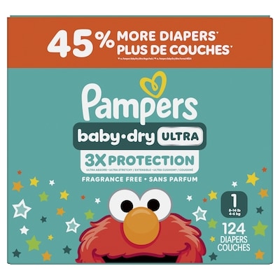 Pampers Couches Baby-Dry Ultra, taille 1 ( à [8 lb à 14 lb]), 124 couches 124 ea, 0,27 $/1ch
