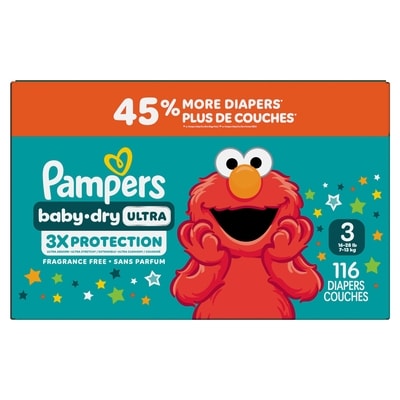 Pampers Couches Baby-Dry Ultra, couches jetables absorbantes, taille 3 (7,3 kg à 12,7 kg [16 lb à 28 lb]), 116 couches 116 ea, 0,45 $/1ch