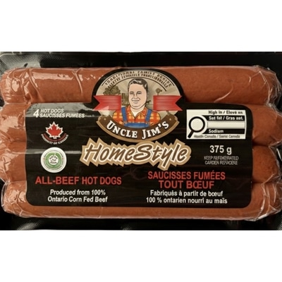 Uncle Jim's Homestyle All Beef Hotdogs 4.5 kg, $0.18/100g