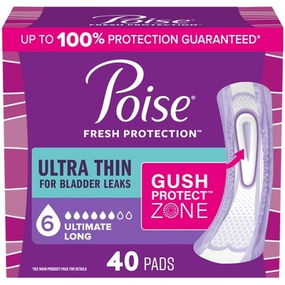 Poise Ultra Thin Incontinence & Postpartum Pads for Bladder Leaks, 6 Drop Ultimate Absorbency, Long Length, 40 Count 40 ea, $1.05/1ea