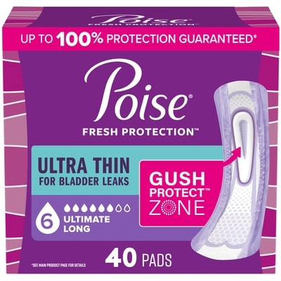 Poise Serviettes ultraminces d’incontinence et d’incontinence en période post-partum pour fuites urinaires, degré d’absorption suprême à 6 gouttes, longues, 40 unités 40 ea, 0,75 $/1ch