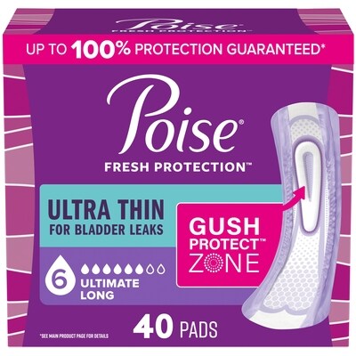 Poise Serviettes ultraminces d’incontinence et d’incontinence en période post-partum pour fuites urinaires, degré d’absorption suprême à 6 gouttes, longues, 40 unités 40 ea, 1,05 $/1ch