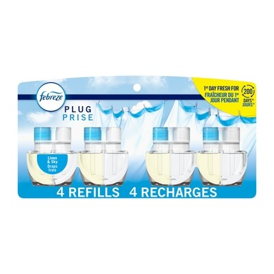 Febreze Assainisseur d’air Prise, recharge d’huile parfumée qui combat les odeurs, Parfum Draps frais, 4 recharges 104 ml, 21,14 $/100ml