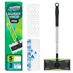 Swiffer Sweep and Mop Pro, 2-in-1 Floor Mopping and Sweeping Kit, 1 Device, 5 Sweep Refills, 3 Mop Refills 1 ea, $24.99/1ea