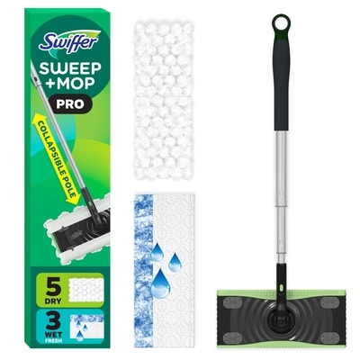 Swiffer Sweep and Mop Pro, 2-in-1 Floor Mopping and Sweeping Kit, 1 Device, 5 Sweep Refills, 3 Mop Refills 1 ea, $20.00/1ea